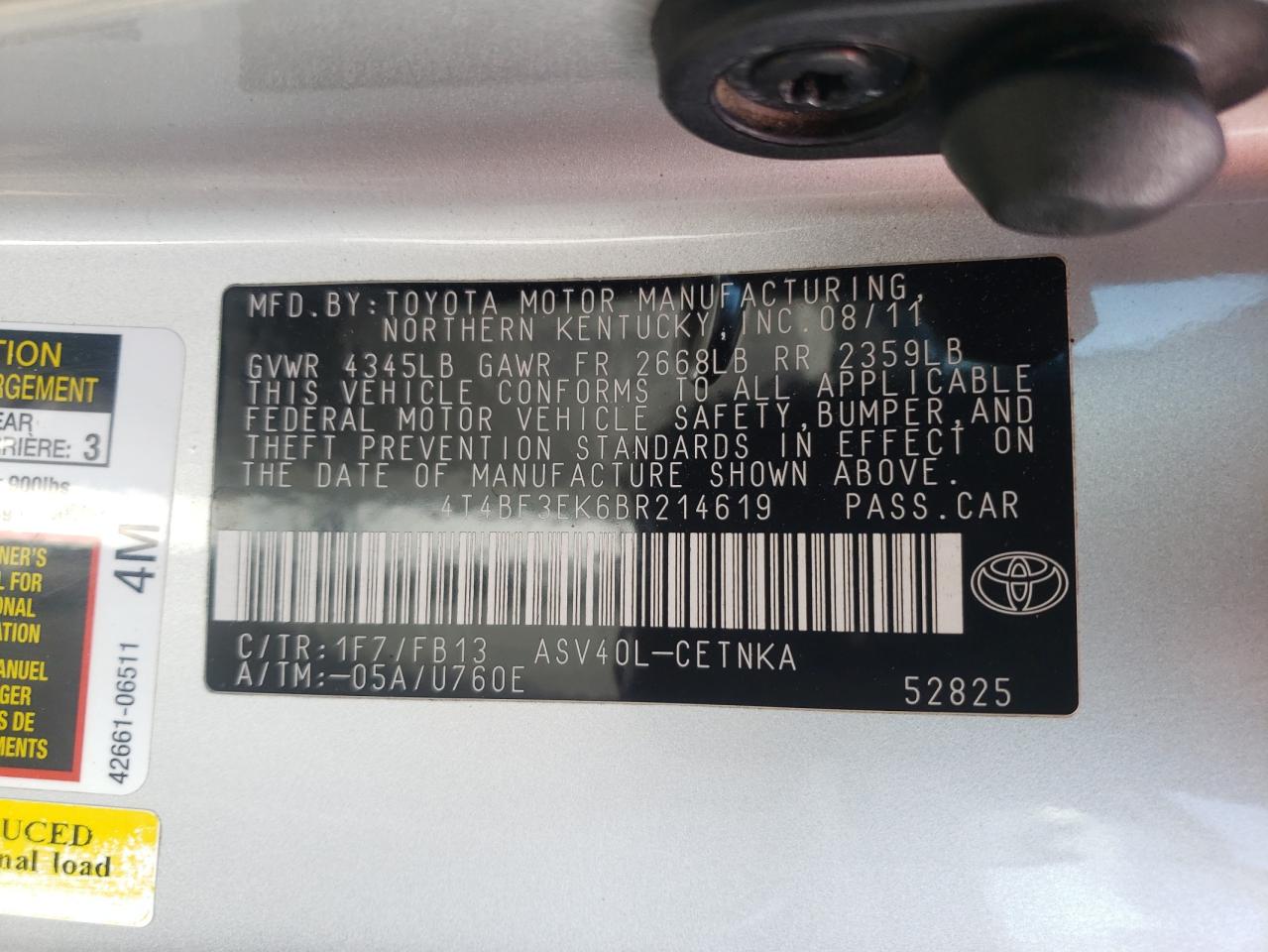 Photo 10 from auction – 2011 TOYOTA CAMARY with VIN 4T4BF3EK6BR214619