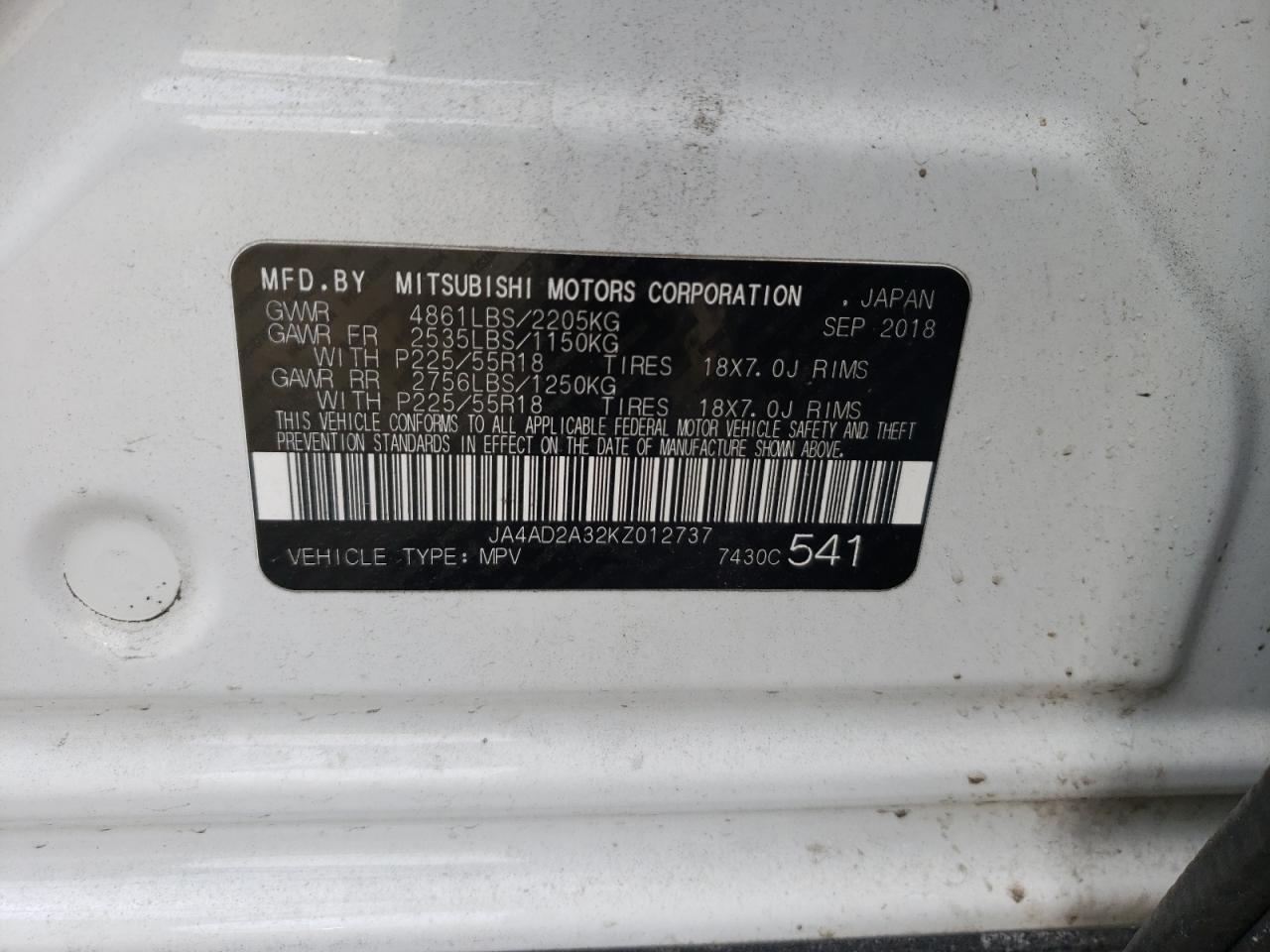 Photo 10 from auction – 2019 MITSUBISHI OUTLANDER with VIN JA4AD2A32KZ012737
