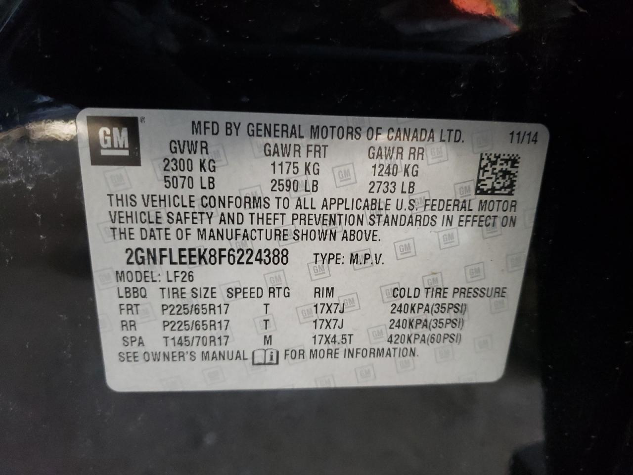 Photo 10 from auction – 2015 CHEVROLET EQUINOX LS with VIN 2GNFLEEK8F6224388