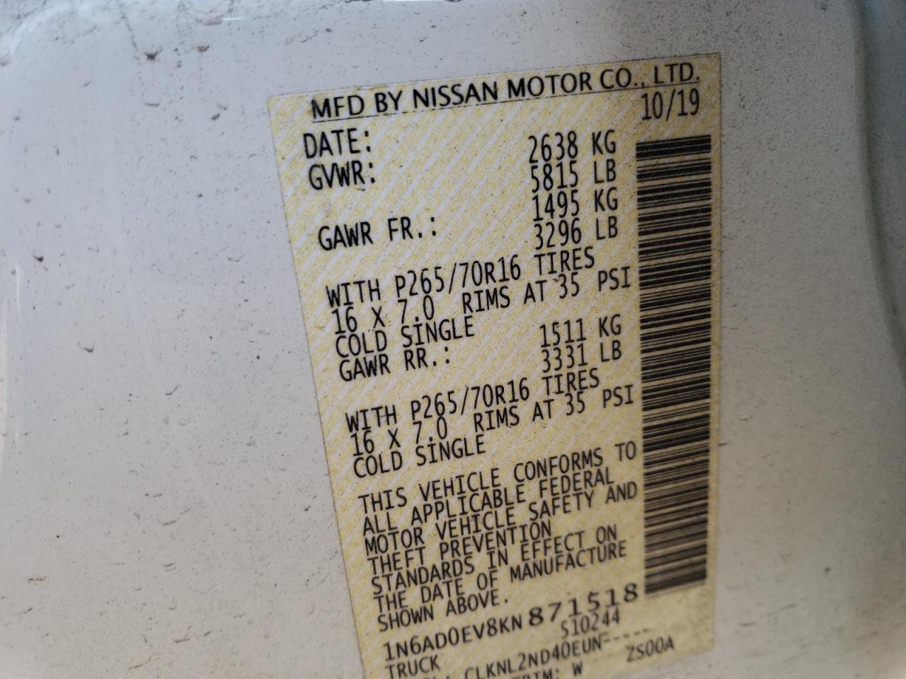 Photo 10 from auction – 2019 NISSAN FRONTIER S with VIN 1N6AD0EV8KN871518