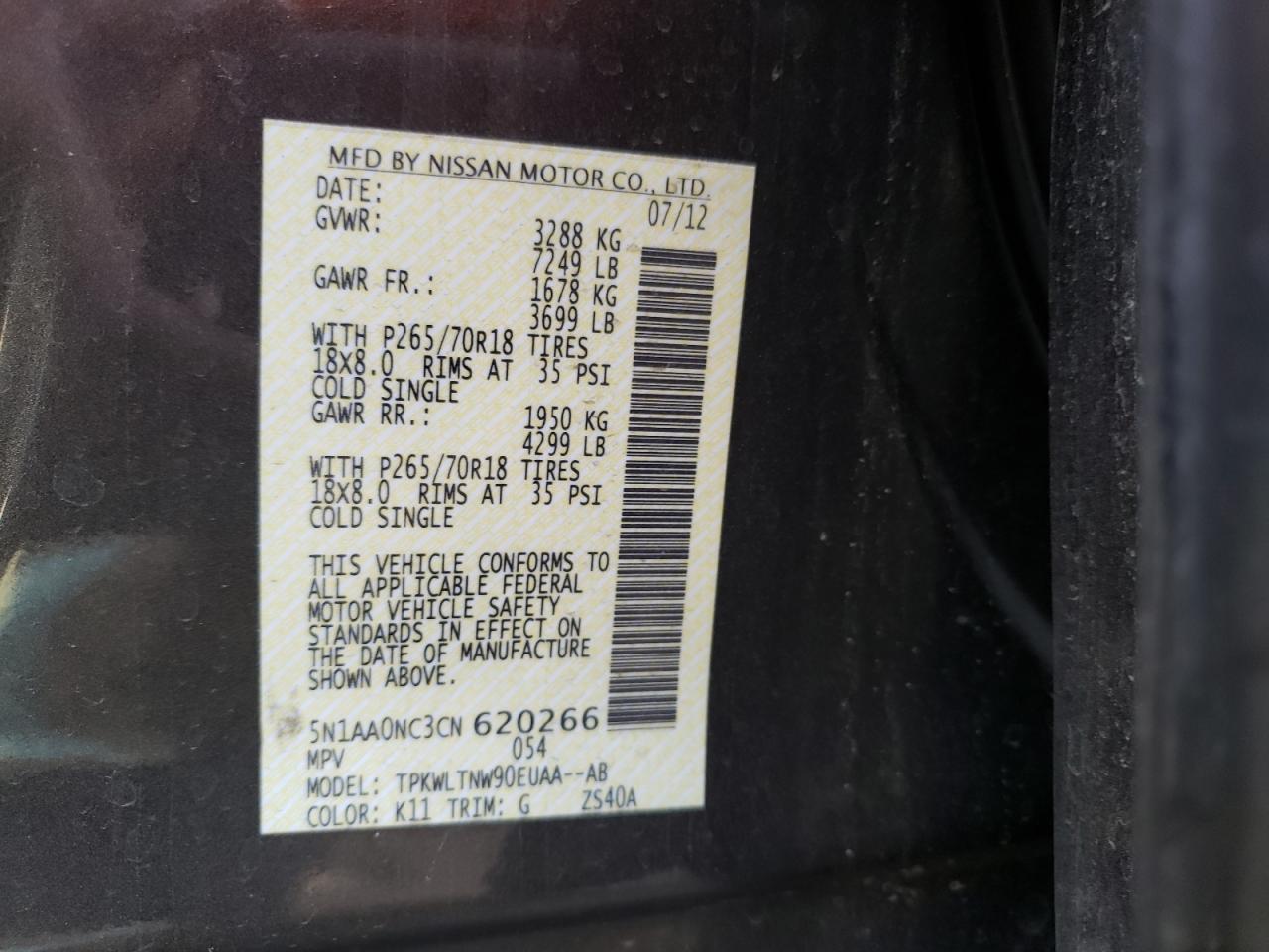 Photo 10 from auction – 2012 NISSAN ARMADA SV with VIN 5N1AA0NC3CN620266