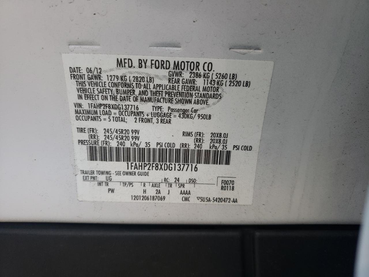 Photo 10 from auction – 2013 FORD TAURUS LIM with VIN 1FAHP2F8XDG137716