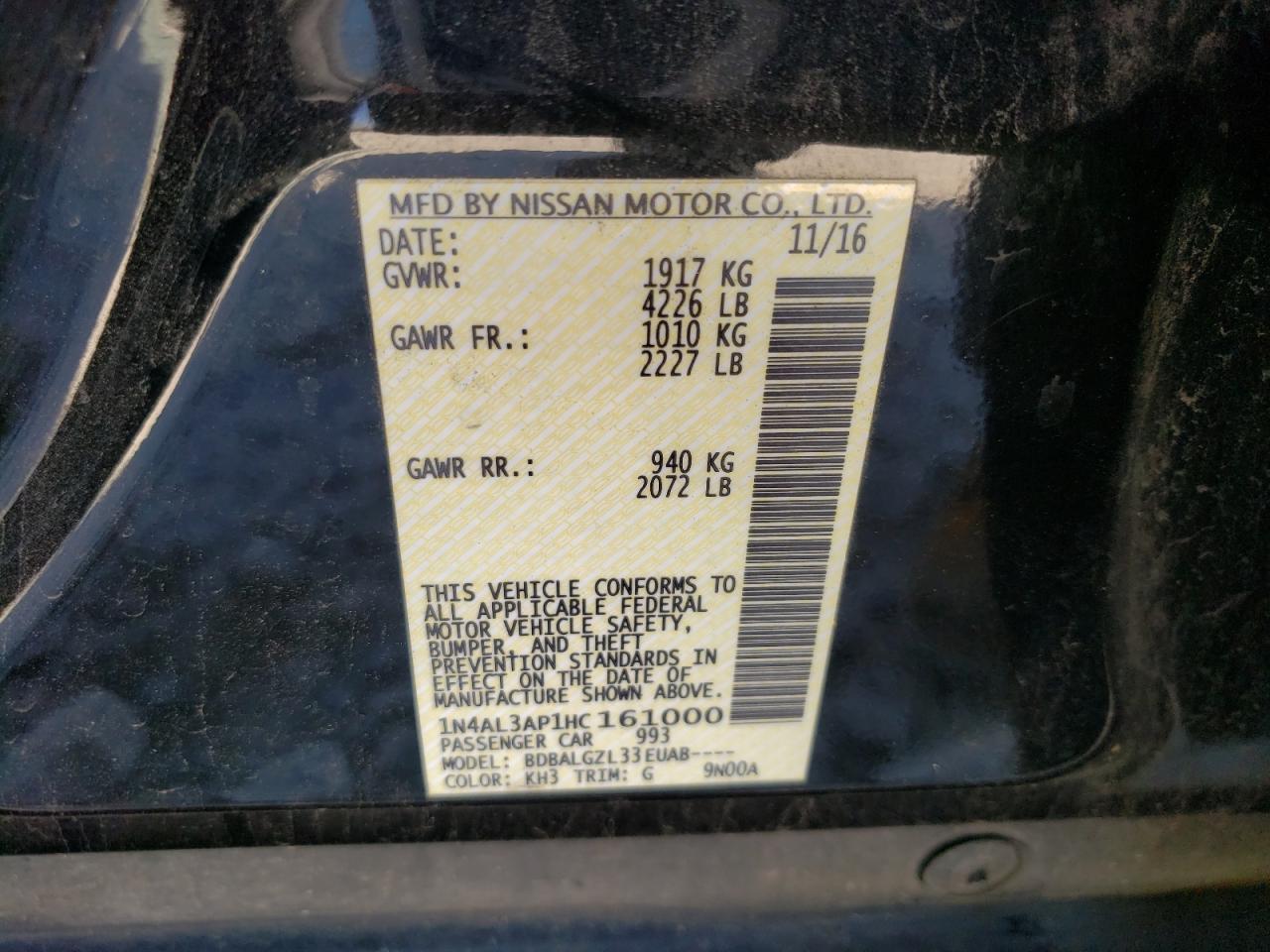 Photo 10 from auction – 2017 NISSAN ALTIMA 2.5 with VIN 1N4AL3AP1HC161000