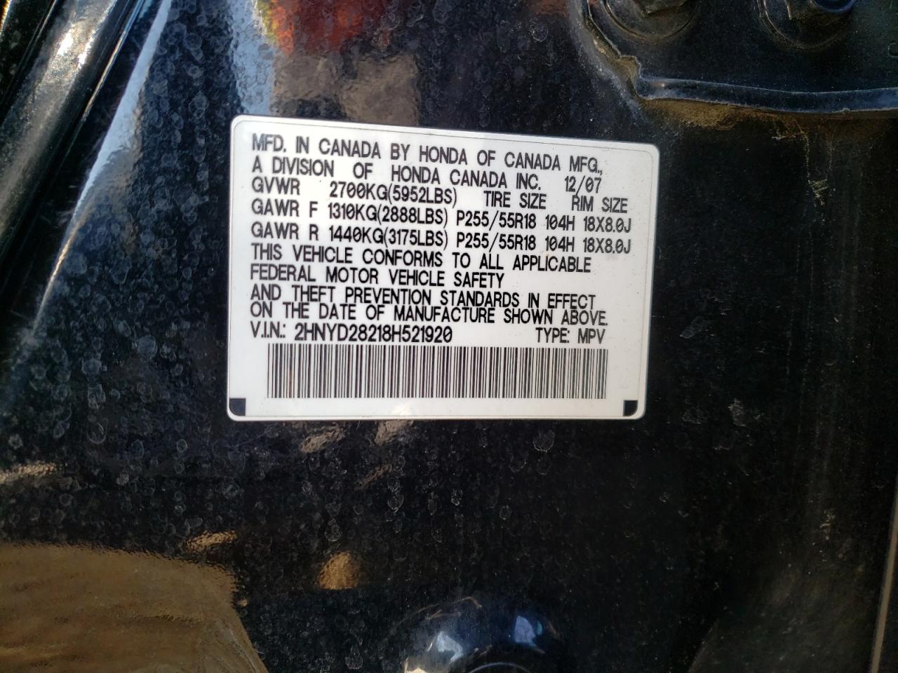 Photo 10 from auction – 2008 ACURA MDX with VIN 2HNYD28218H521920