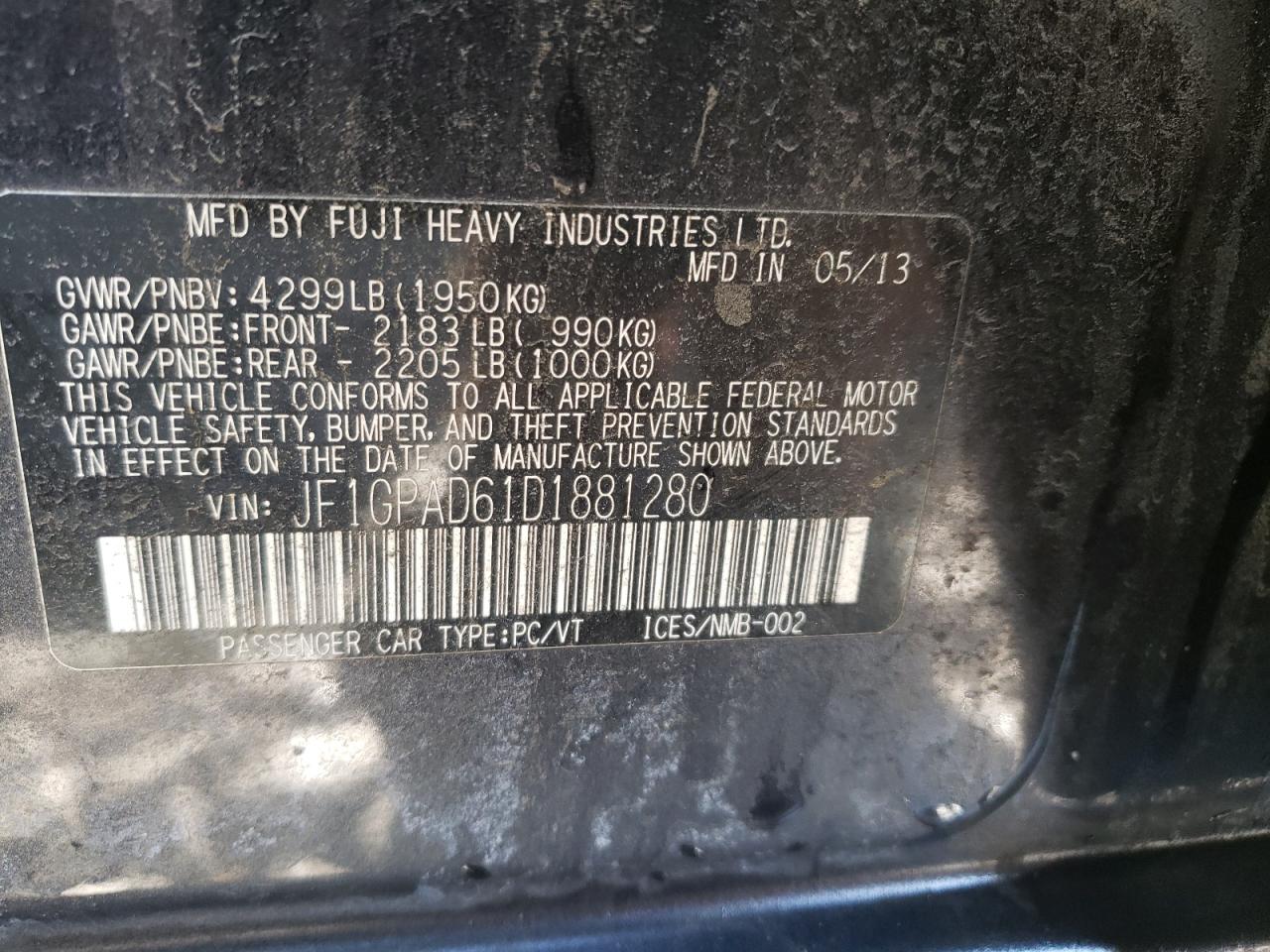 Photo 10 from auction – 2013 SUBARU IMPREZA PR with VIN JF1GPAD61D1881280