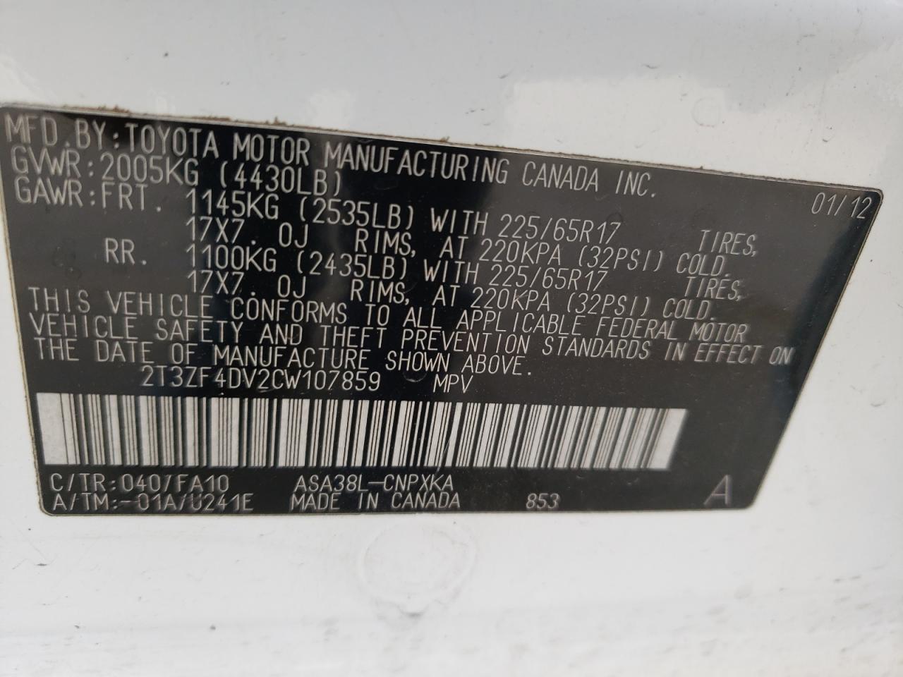 Photo 10 from auction – 2012 TOYOTA RAV4 with VIN 2T3ZF4DV2CW107859