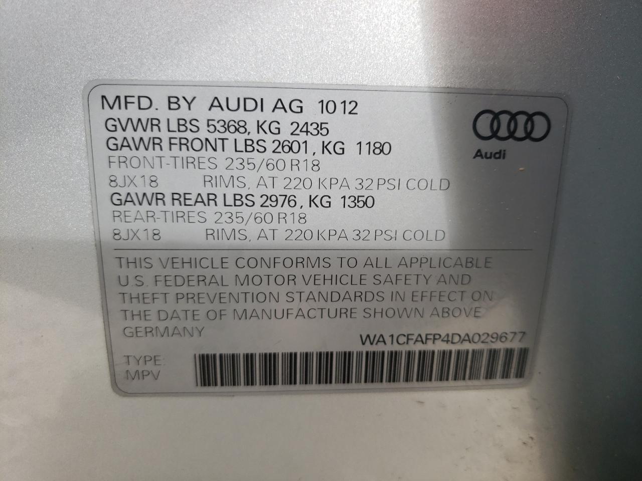Photo 10 from auction – 2013 AUDI Q5 PREMIUM with VIN WA1CFAFP4DA029677