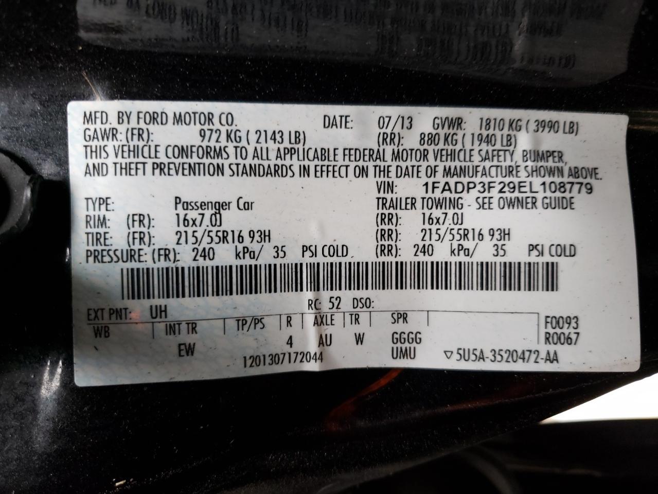 Photo 10 from auction – 2014 FORD FOCUS SE with VIN 1FADP3F29EL108779