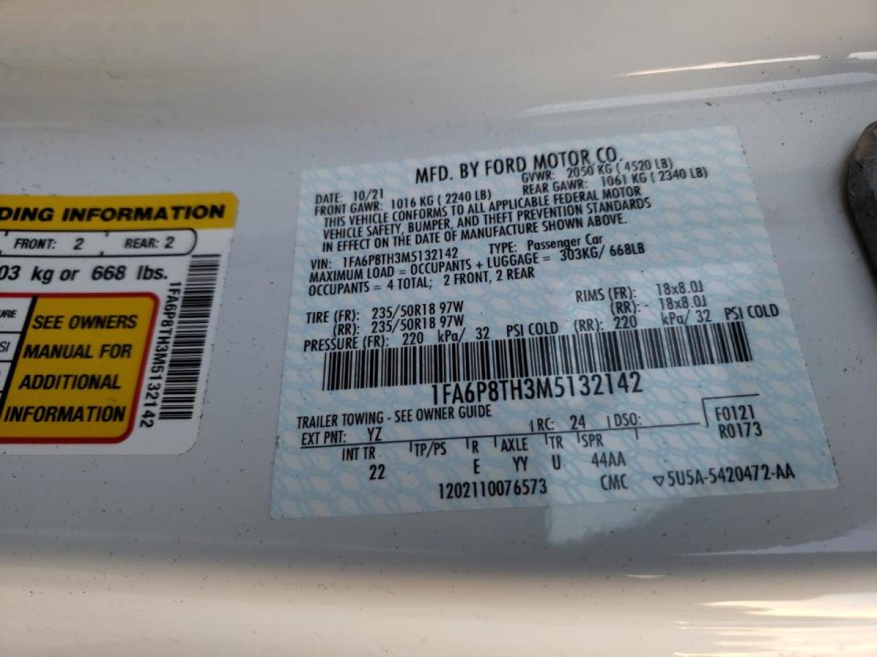 Photo 10 from auction – 2021 FORD MUSTANG with VIN 1FA6P8TH3M5132142