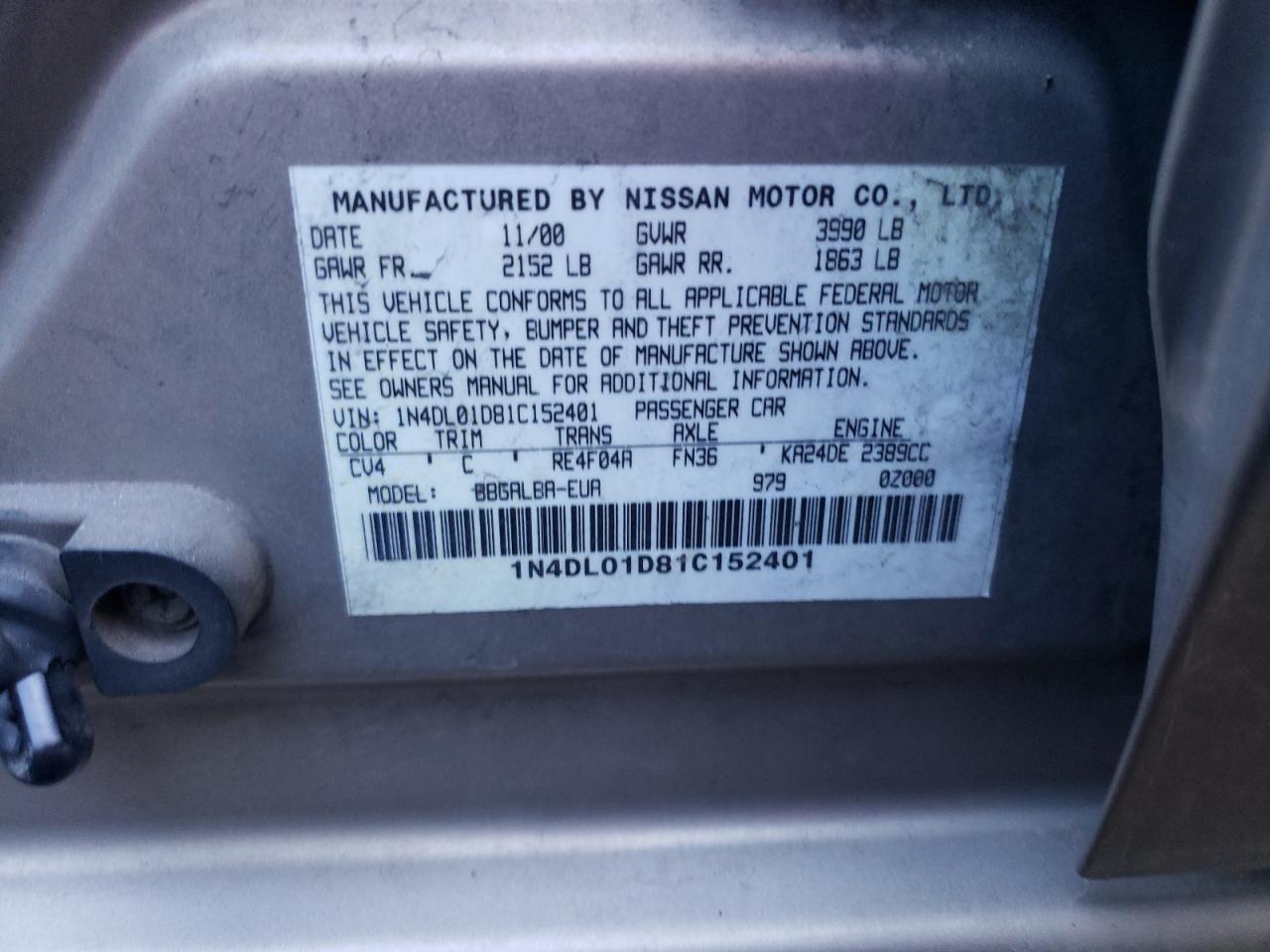 Photo 10 from auction – 2001 NISSAN ALTIMA XE with VIN 1N4DL01D81C152401