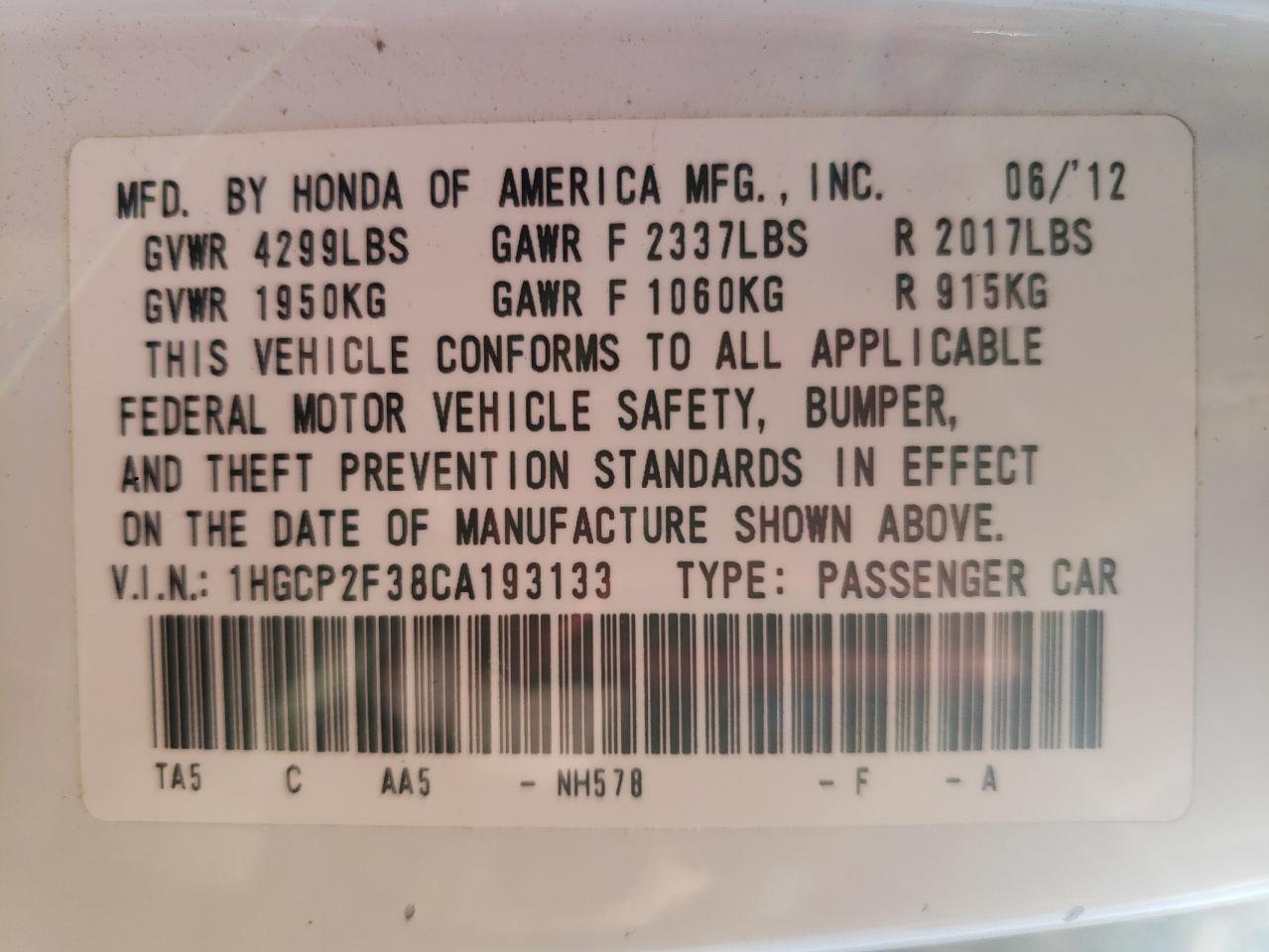 Photo 10 from auction – 2012 HONDA ACCORD LX with VIN 1HGCP2F38CA193133