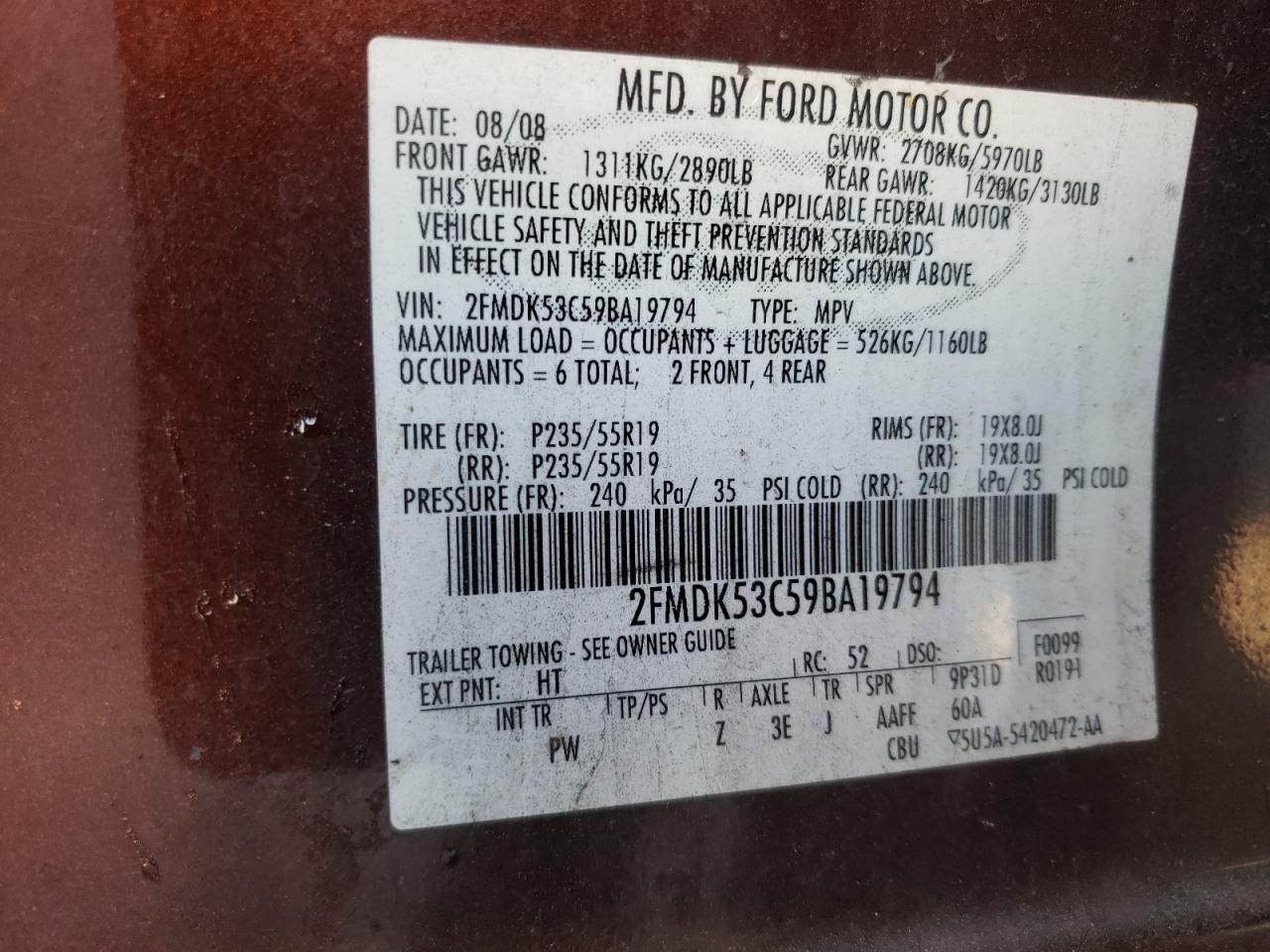 Photo 10 from auction – 2009 FORD FLEX LIMIT with VIN 2FMDK53C59BA19794