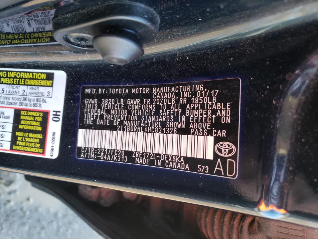 Photo 10 from auction – 2017 TOYOTA COROLLA L with VIN 2T1BURHE4HC831326