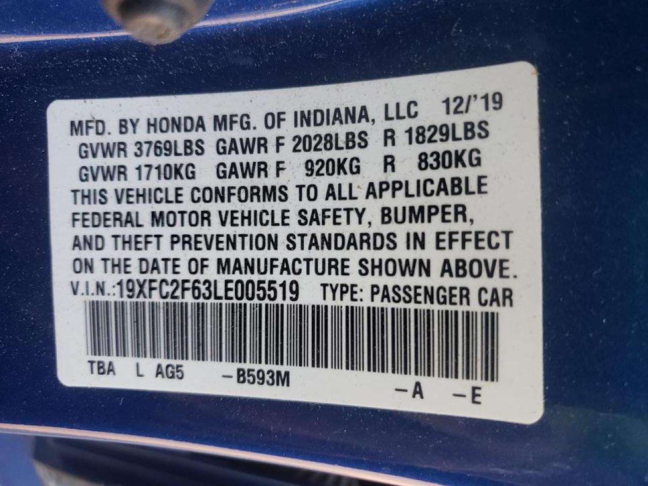 Photo 10 from auction – 2020 HONDA CIVIC LX with VIN 19XFC2F63LE005519