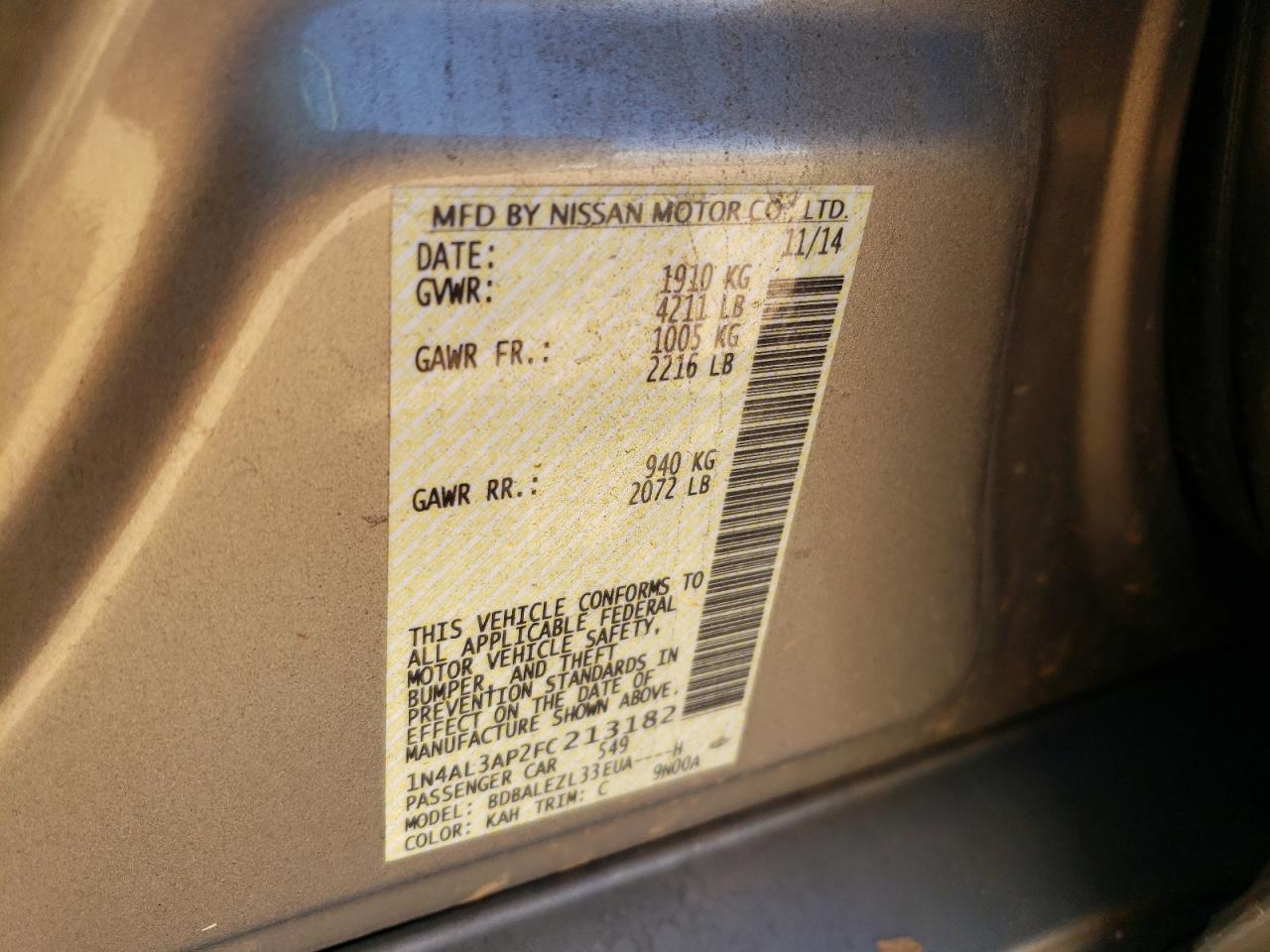 Photo 10 from auction – 2015 NISSAN ALTIMA 2.5 with VIN 1N4AL3AP2FC213182