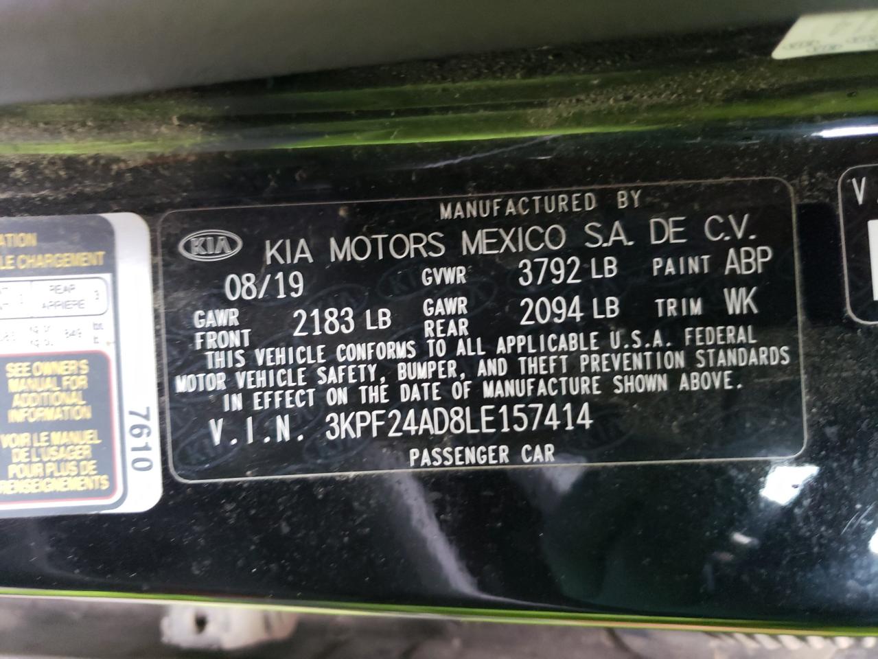 Photo 10 from auction – 2020 KIA FORTE FE with VIN 3KPF24AD8LE157414