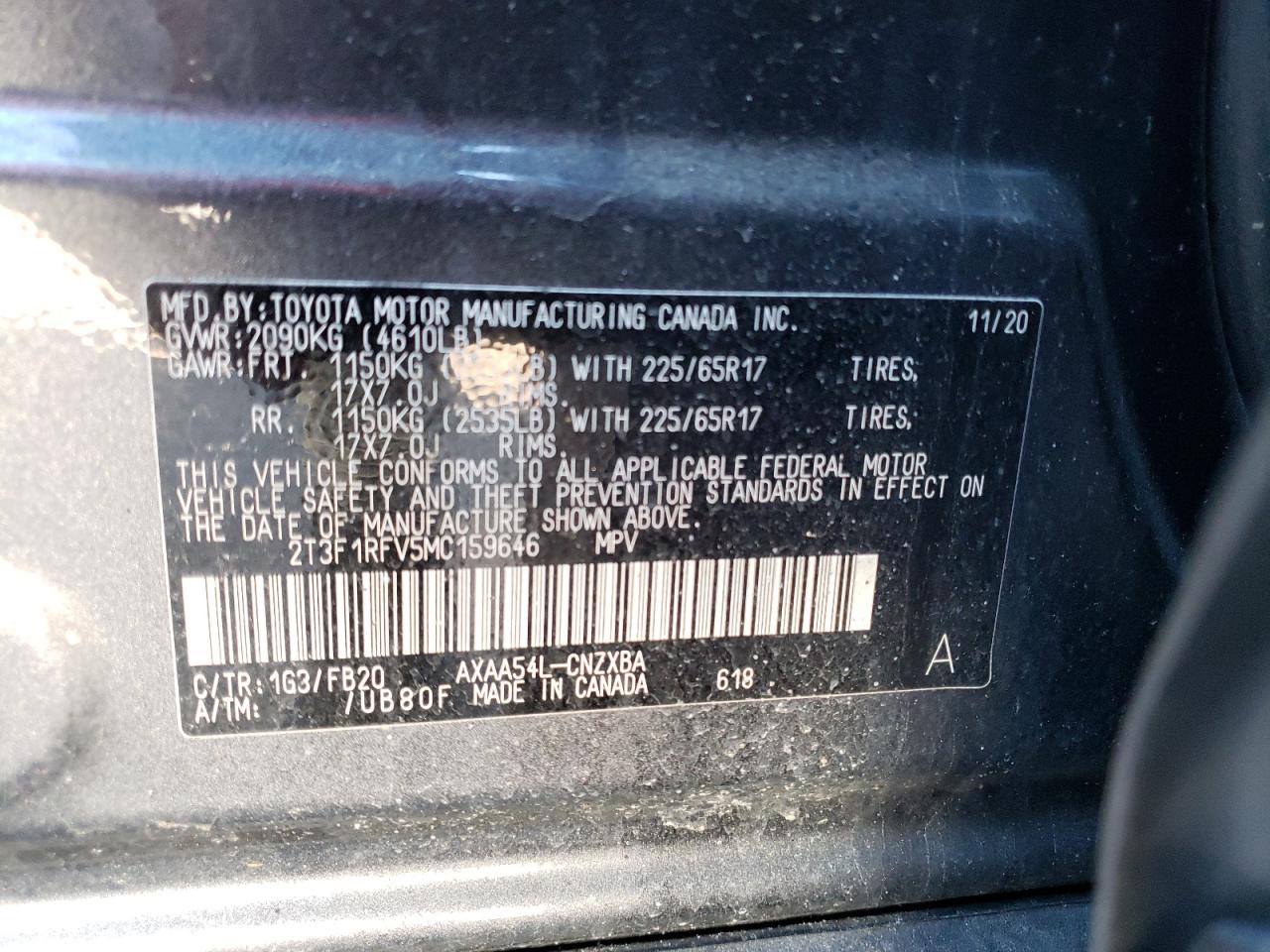 Photo 10 from auction – 2021 TOYOTA RAV4 LE with VIN 2T3F1RFV5MC159646