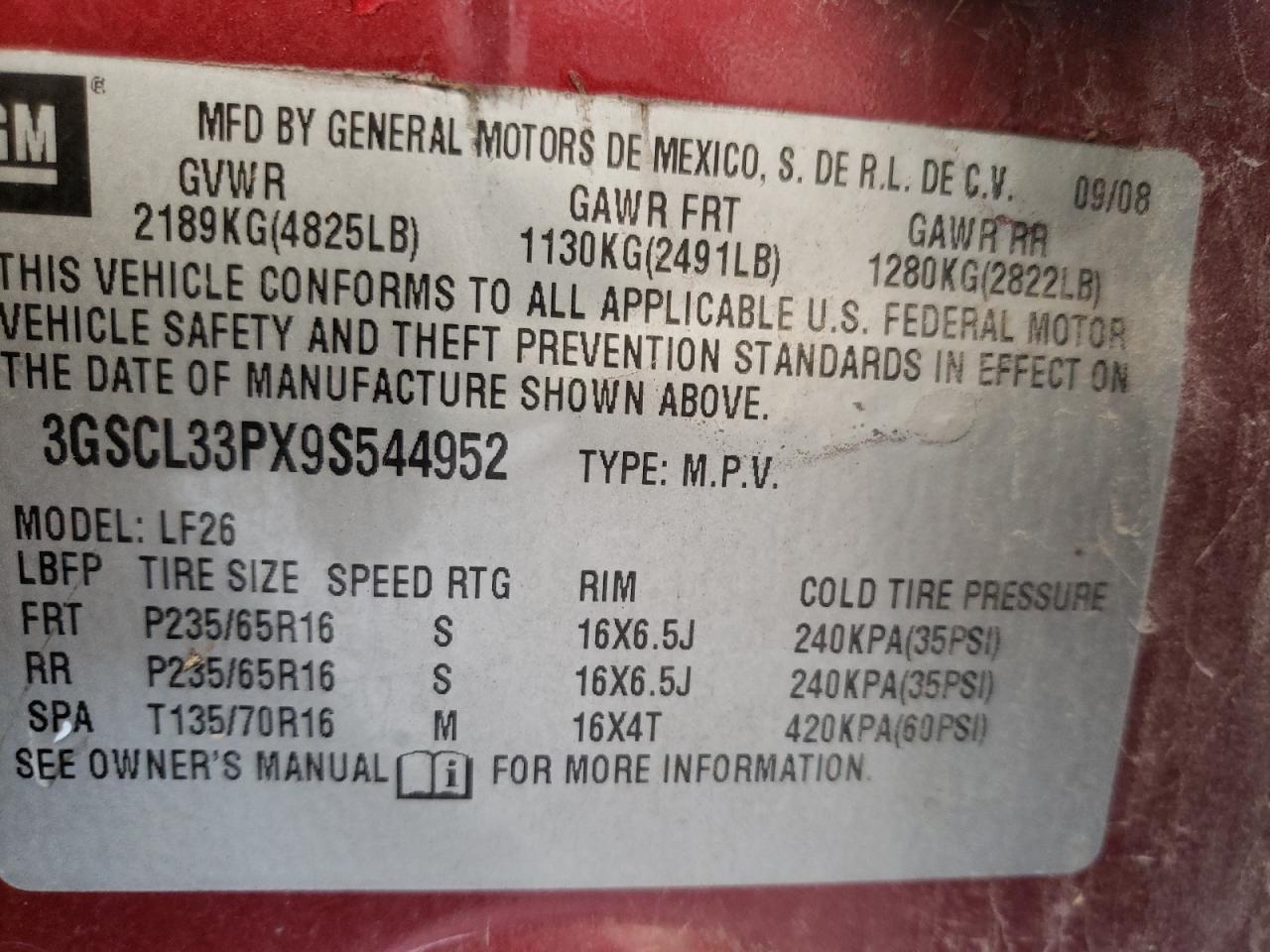Photo 10 from auction – 2009 SATURN VUE XE with VIN 3GSCL33PX9S544952