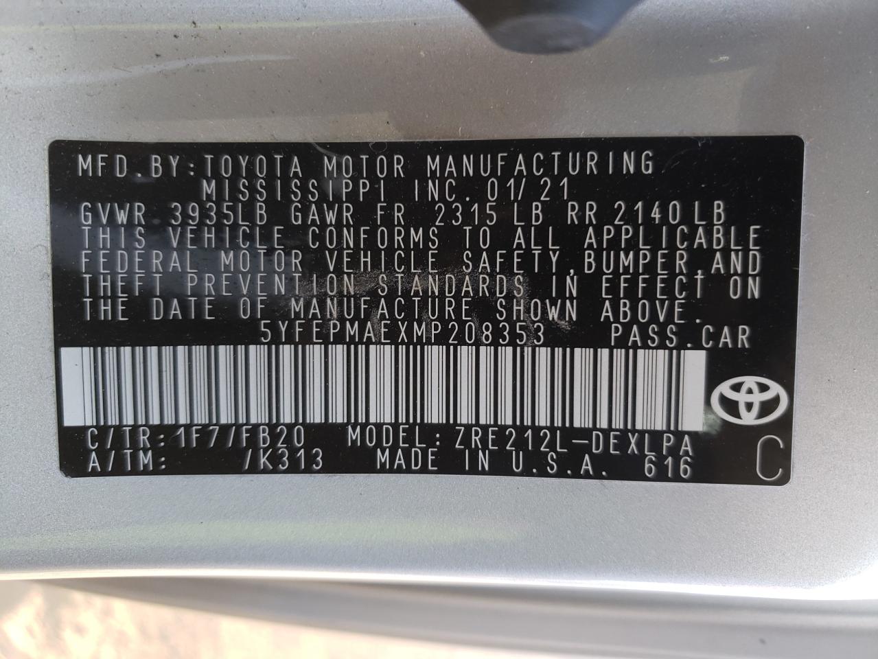 Photo 10 from auction – 2021 TOYOTA COROLLA LE with VIN 5YFEPMAEXMP208353