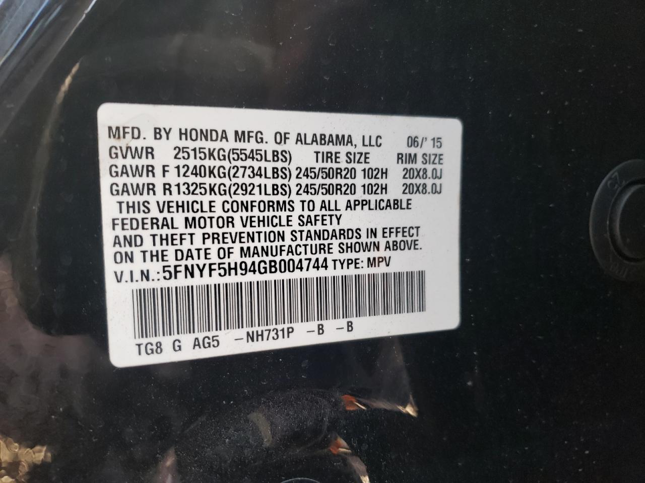 Photo 10 from auction – 2016 HONDA PILOT TOUR with VIN 5FNYF5H94GB004744