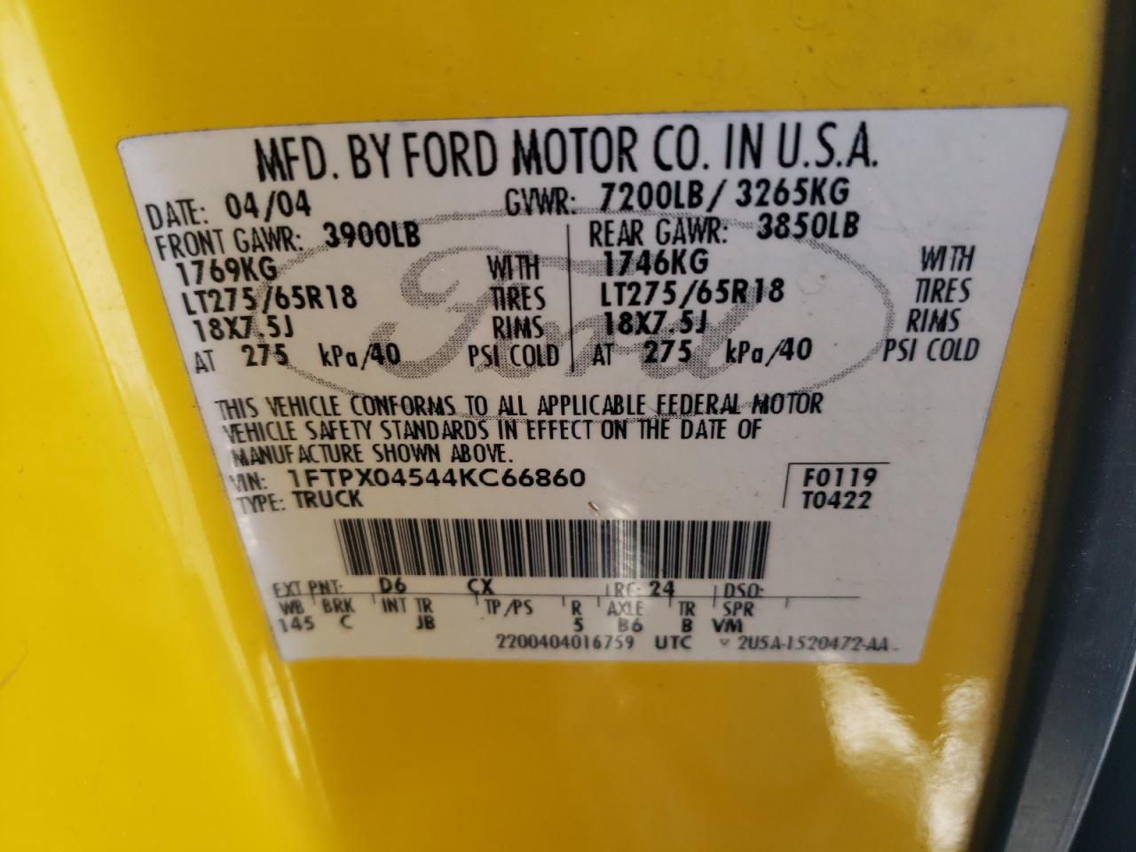 Photo 10 from auction – 2004 FORD F150 with VIN 1FTPX04544KC66860