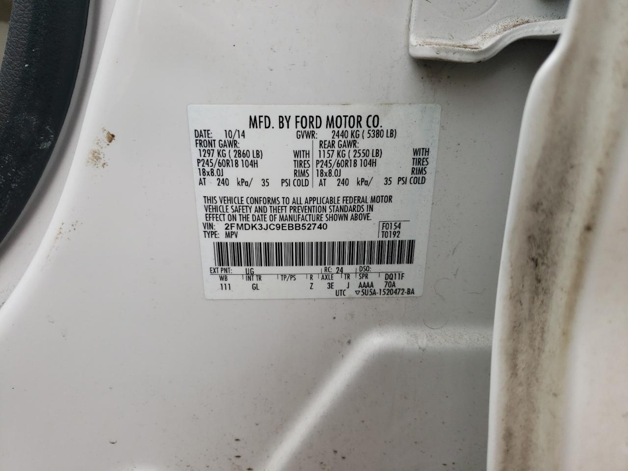 Photo 10 from auction – 2014 FORD EDGE SEL with VIN 2FMDK3JC9EBB52740