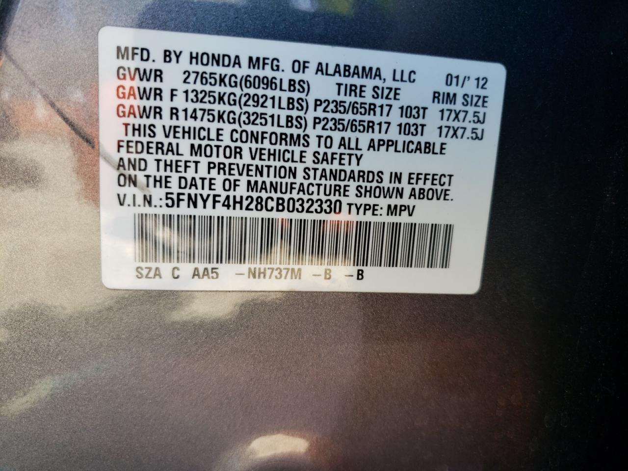 Photo 10 from auction – 2012 HONDA PILOT LX with VIN 5FNYF4H28CB032330