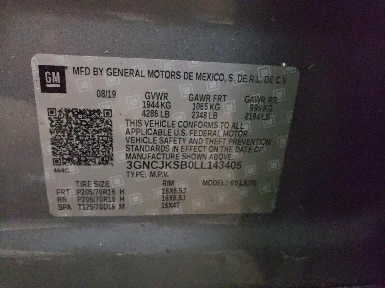 Photo 10 from auction – 2020 CHEVROLET TRAX LS with VIN 3GNCJKSB0LL143405