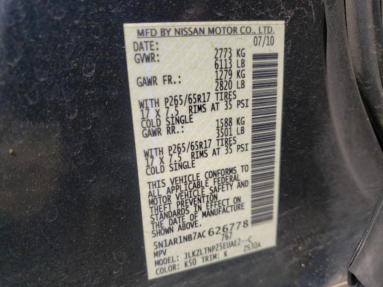 Photo 10 from auction – 2010 NISSAN PATHFINDER with VIN 5N1AR1NB7AC626778