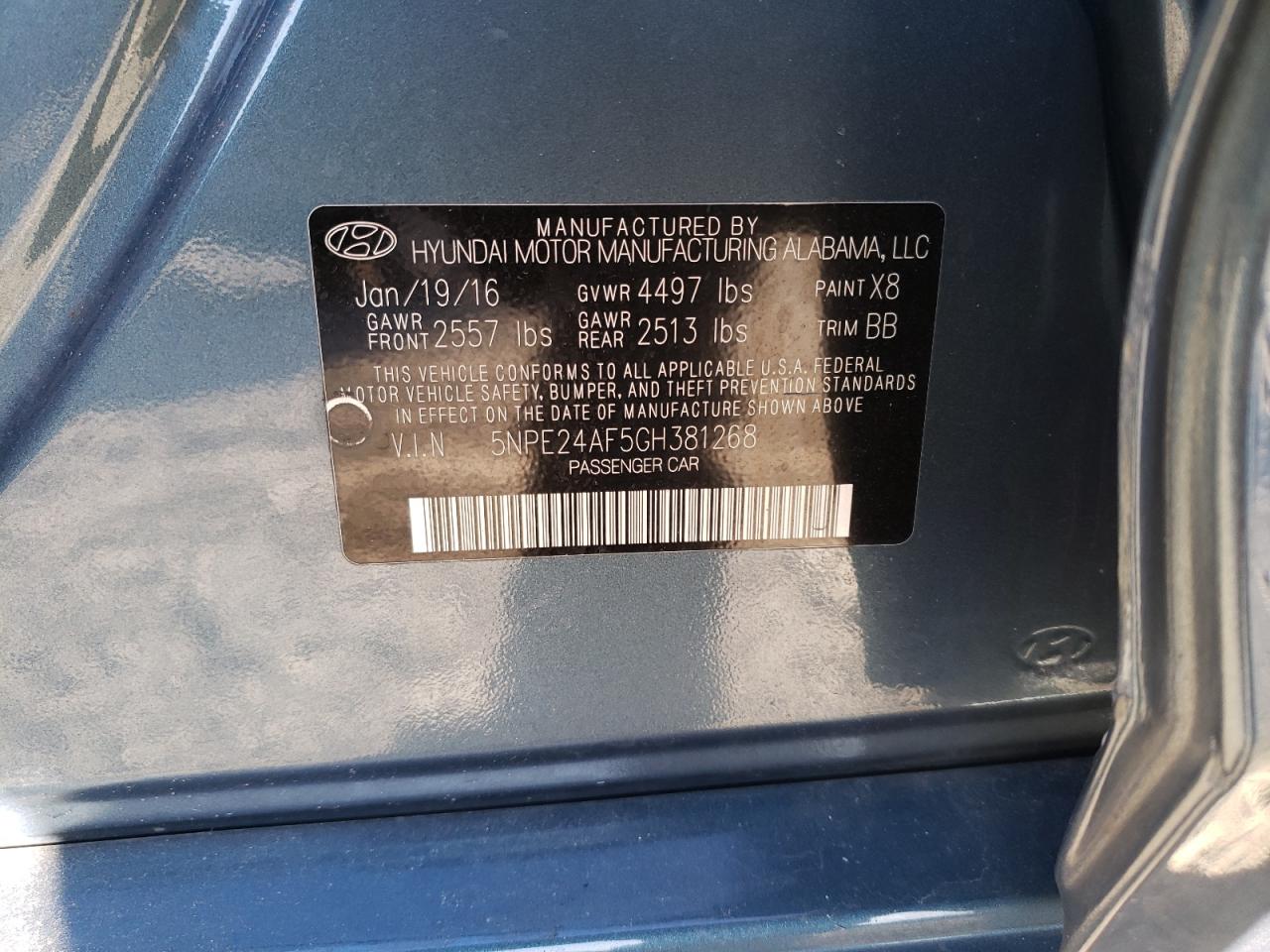 Photo 10 from auction – 2016 HYUNDAI SONATA SE with VIN 5NPE24AF5GH381268