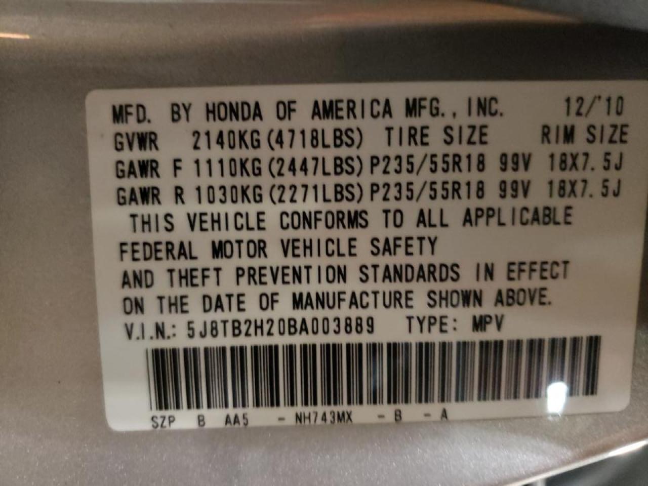 Photo 10 from auction – 2011 ACURA RDX with VIN 5J8TB2H20BA003889