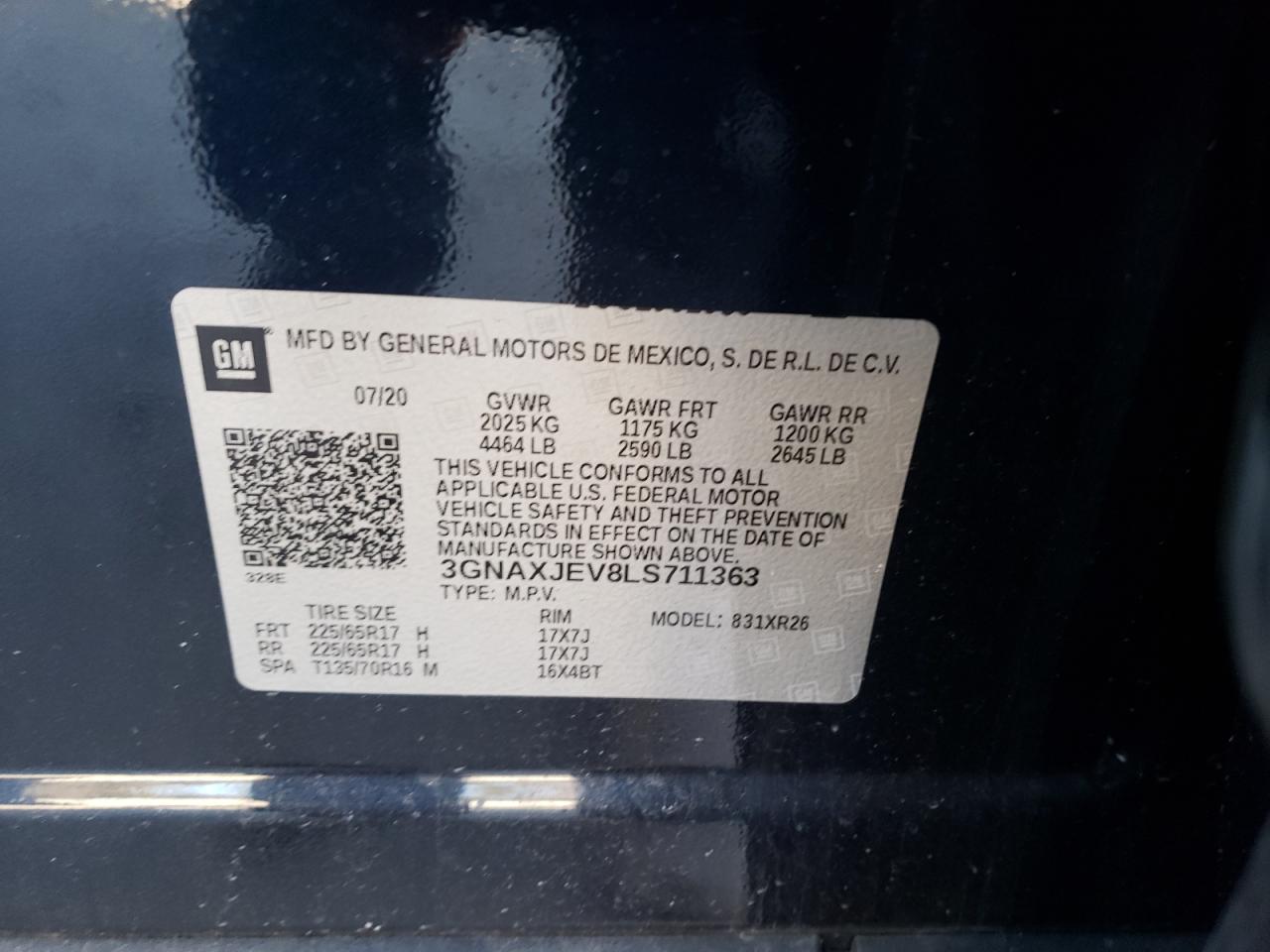 Photo 10 from auction – 2020 CHEVROLET EQUINOX LT with VIN 3GNAXJEV8LS711363