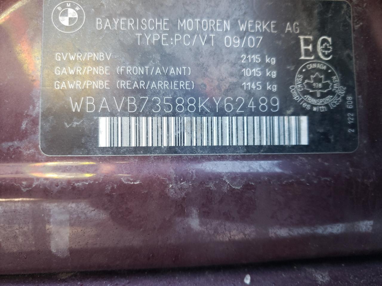Photo 10 from auction – 2008 BMW 335 I with VIN WBAVB73588KY62489