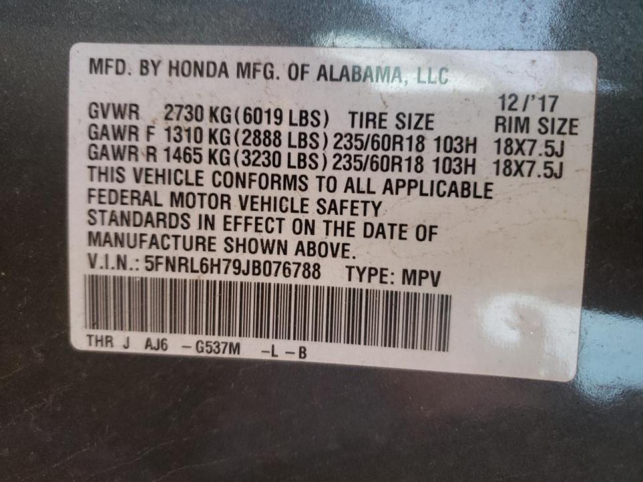 Photo 10 from auction – 2018 HONDA ODYSSEY EX with VIN 5FNRL6H79JB076788