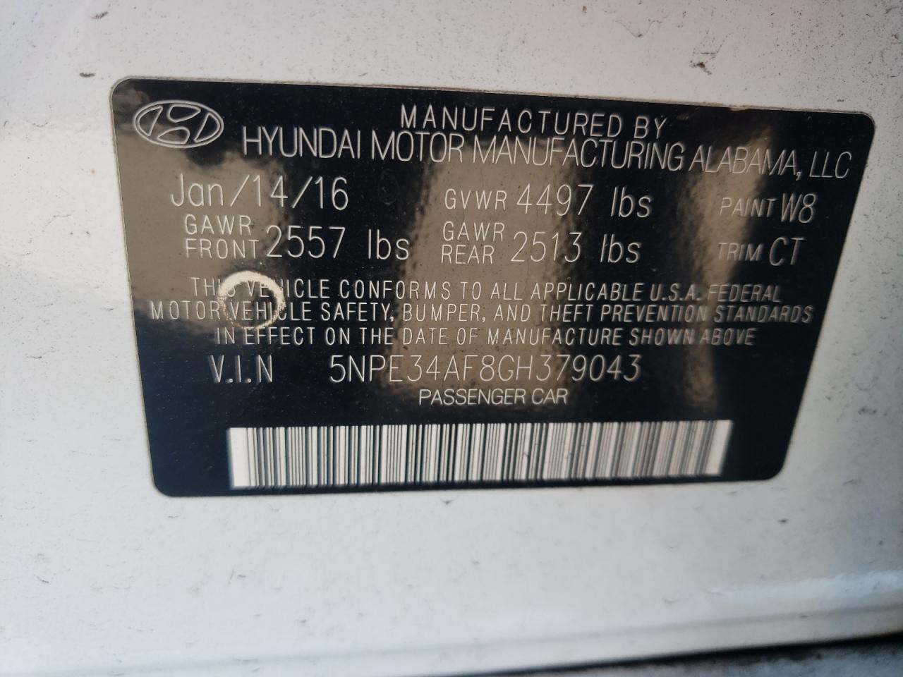 Photo 10 from auction – 2016 HYUNDAI SONATA SPO with VIN 5NPE34AF8GH379043