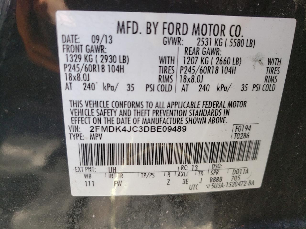 Photo 10 from auction – 2013 FORD EDGE SEL with VIN 2FMDK4JC3DBE09489