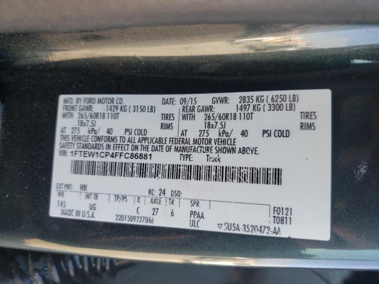 Photo 10 from auction – 2015 FORD F150 SUPER with VIN 1FTEW1CP4FFC86881