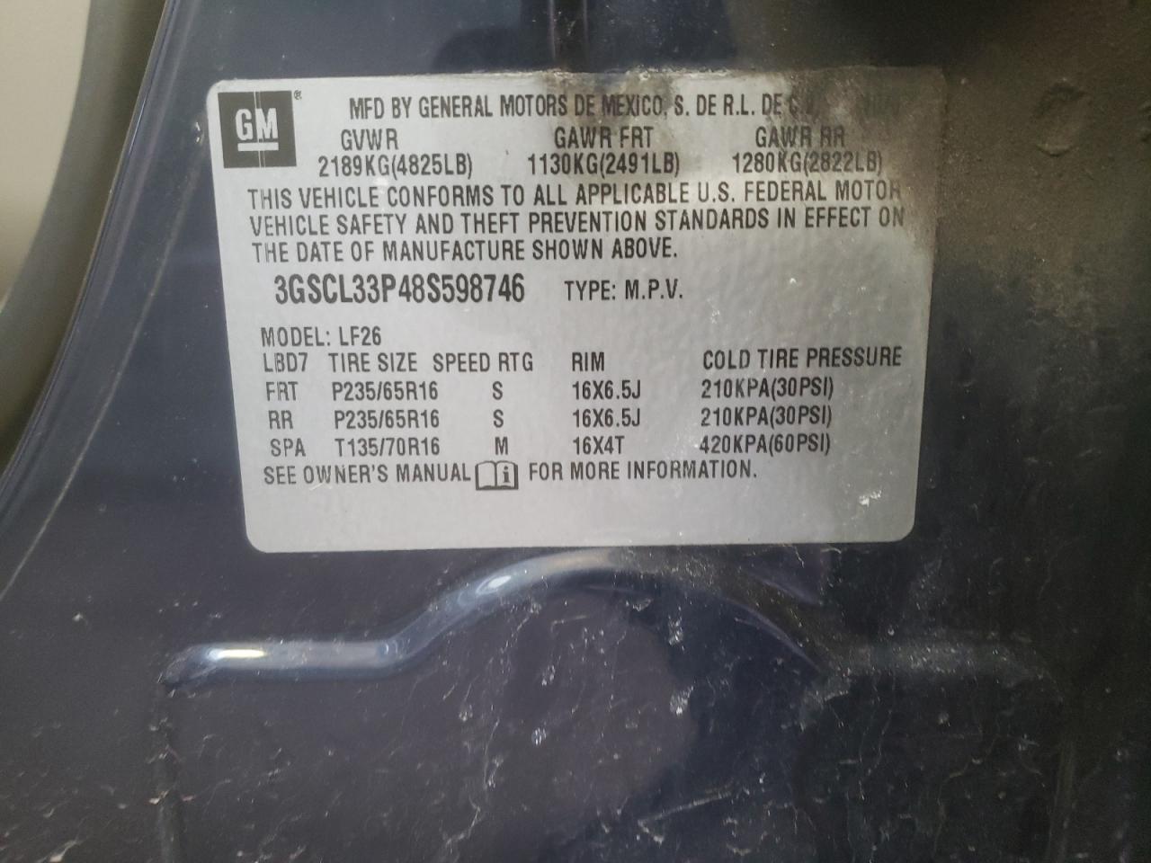 Photo 10 from auction – 2008 SATURN VUE XE with VIN 3GSCL33P48S598746
