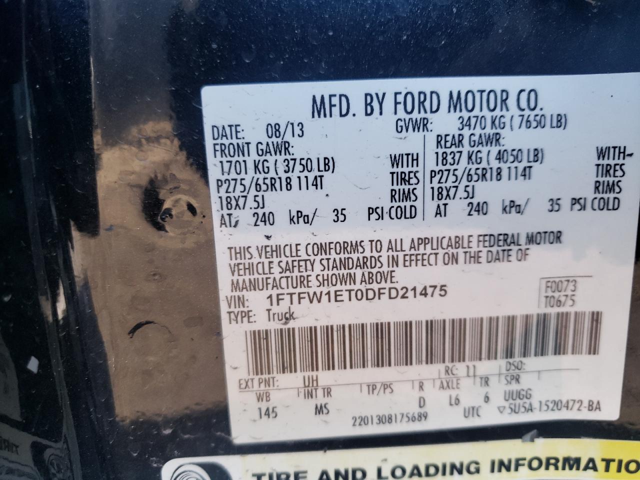 Photo 10 from auction – 2013 FORD F150 SUPER with VIN 1FTFW1ET0DFD21475