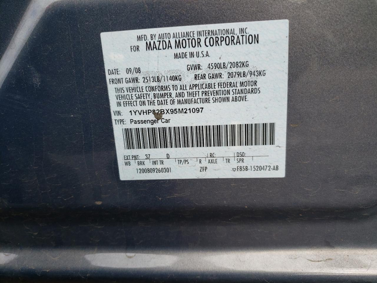 Photo 10 from auction – 2009 MAZDA 6 S with VIN 1YVHP82BX95M21097