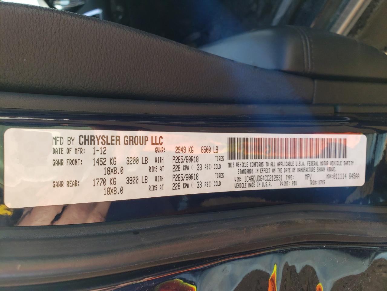 Photo 10 from auction – 2012 DODGE DURANGO CR with VIN 1C4RDJDG4CC212931