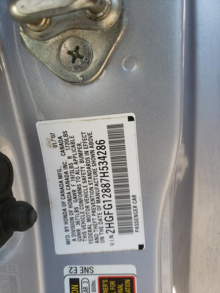 Photo 10 from auction – 2007 HONDA CIVIC EX with VIN 2HGFG12887H534286
