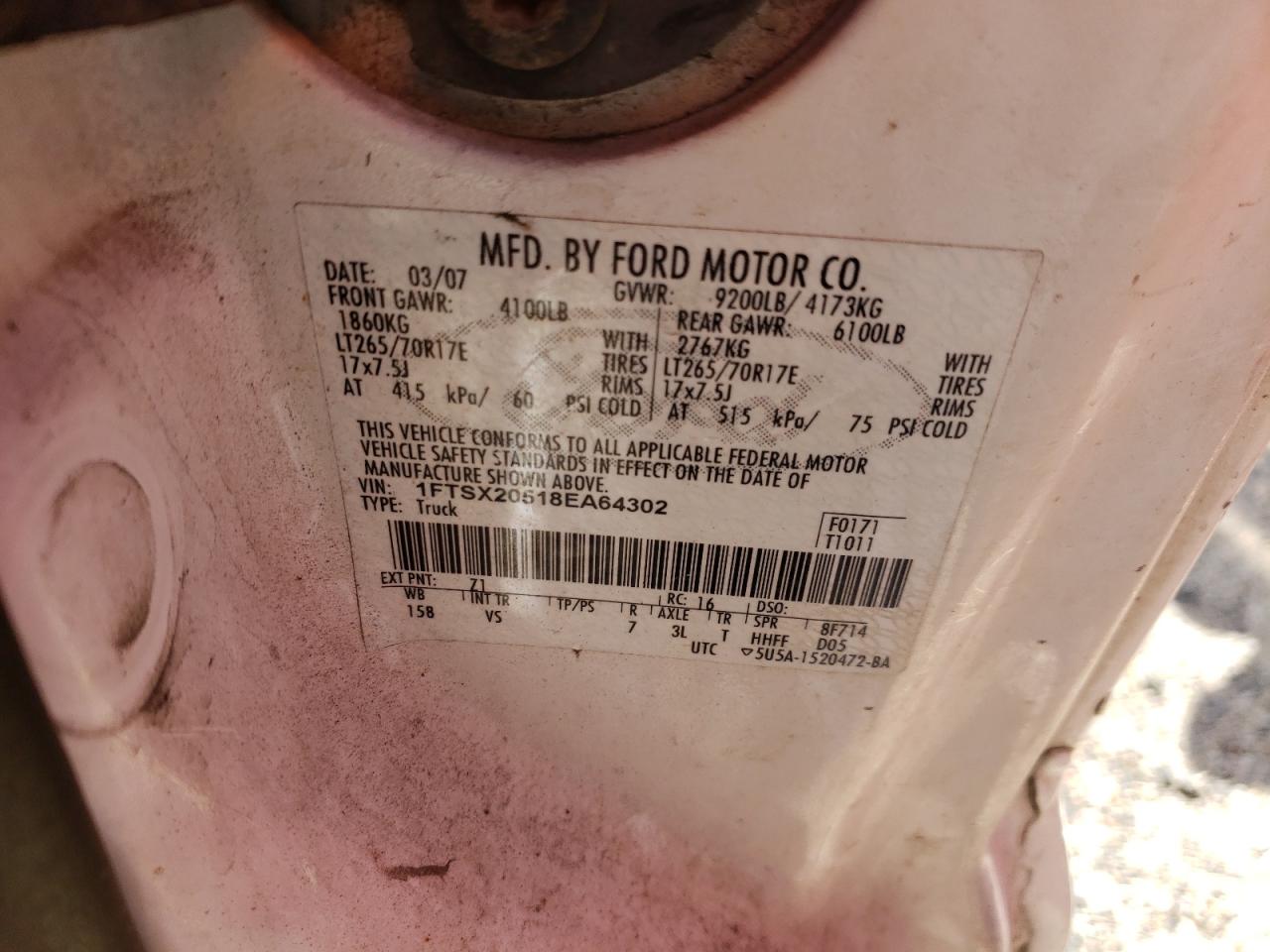 Photo 10 from auction – 2008 FORD F250 SUPER with VIN 1FTSX20518EA64302