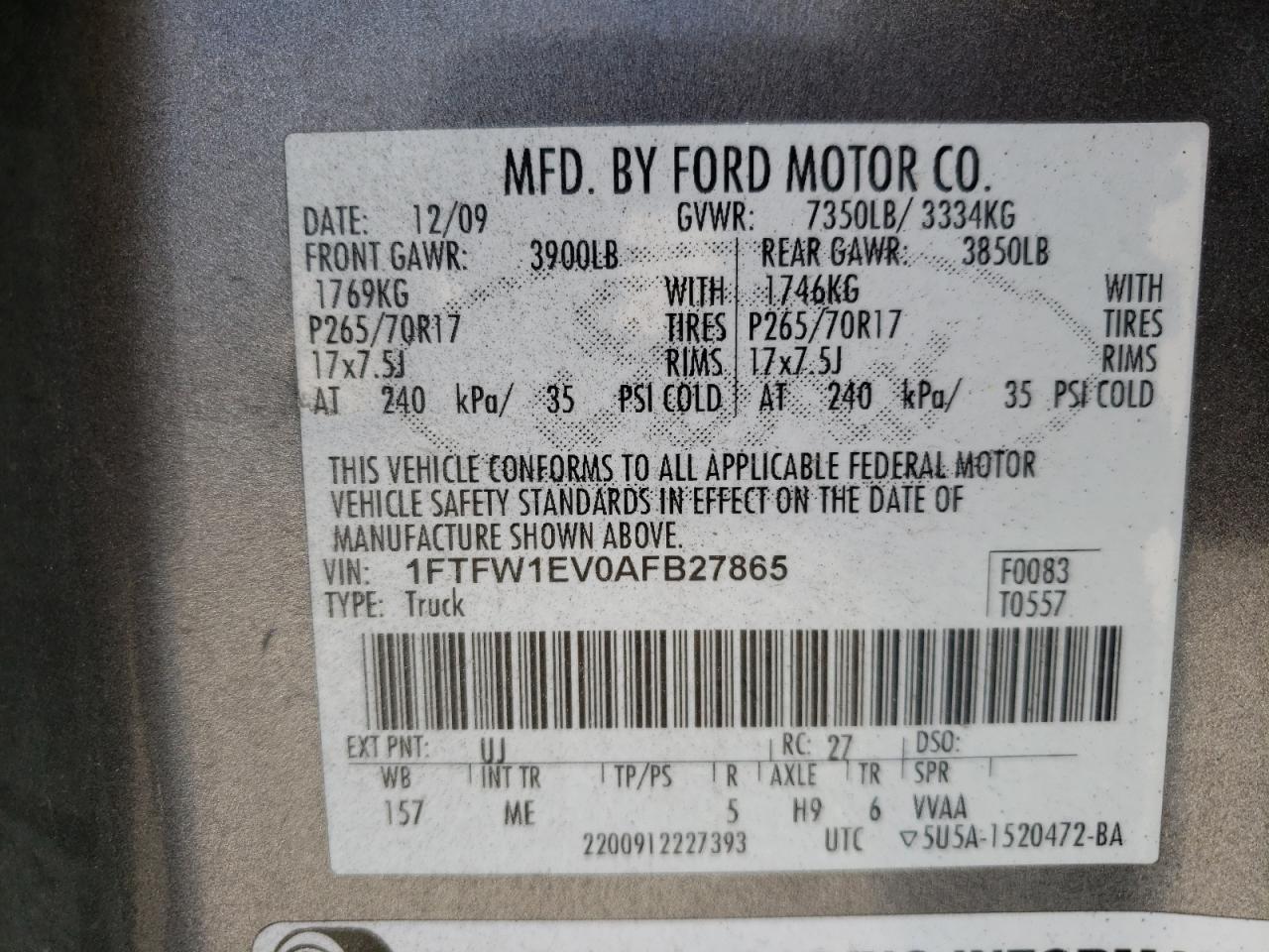 Photo 10 from auction – 2010 FORD F150 SUPER with VIN 1FTFW1EV0AFB27865