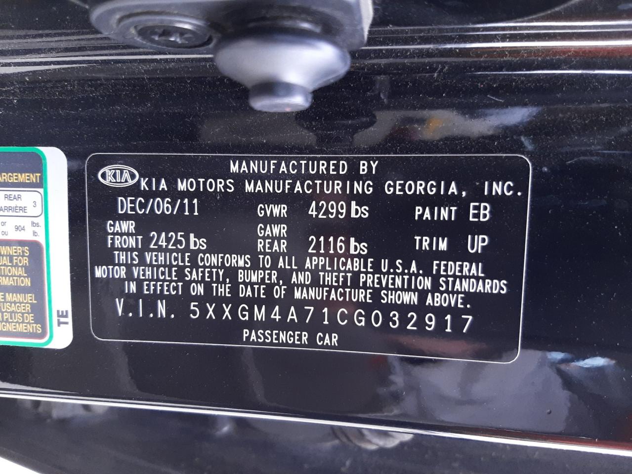 Photo 10 from auction – 2012 KIA OPTIMA LX with VIN 5XXGM4A71CG032917