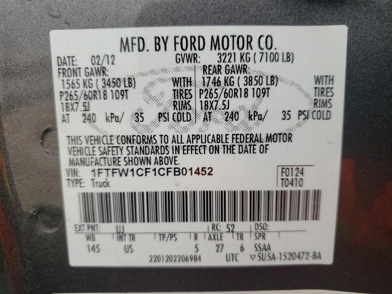 Photo 10 from auction – 2012 FORD F150 SUPER with VIN 1FTFW1CF1CFB01452