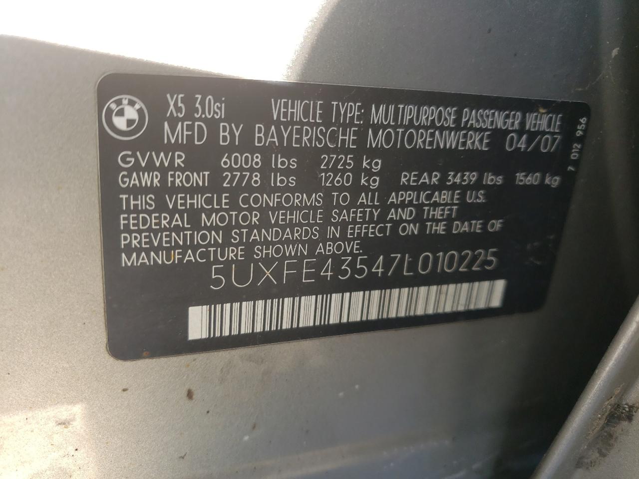 Photo 10 from auction – 2007 BMW X5 3.0I with VIN 5UXFE43547L010225