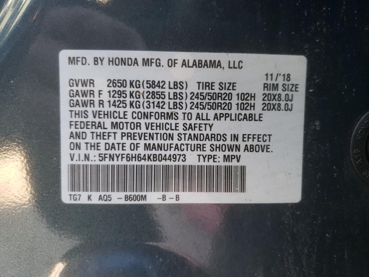 Photo 10 from auction – 2019 HONDA PILOT LX with VIN 5FNYF6H64KB044973