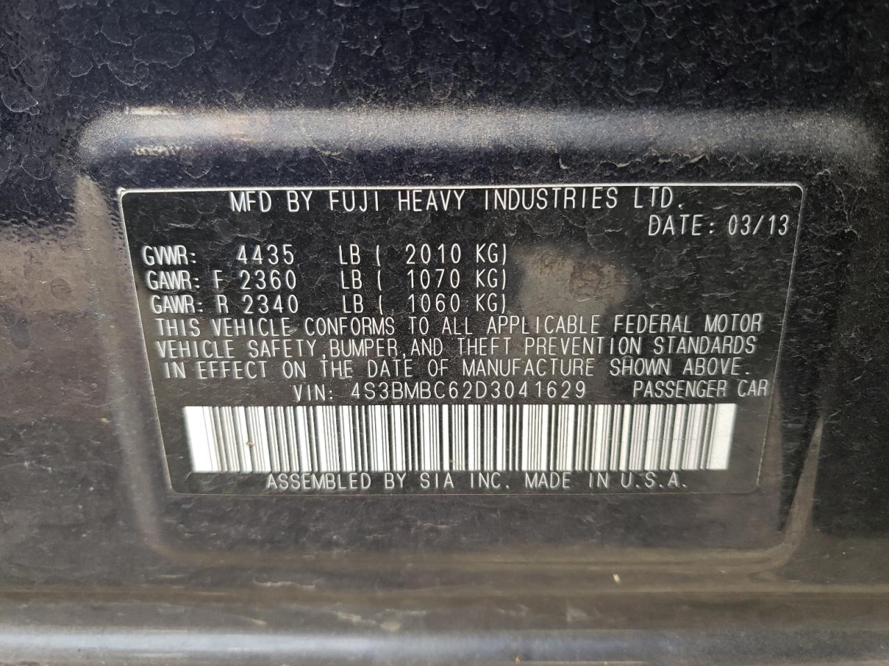 Photo 10 from auction – 2013 SUBARU LEGACY 2.5 with VIN 4S3BMBC62D3041629
