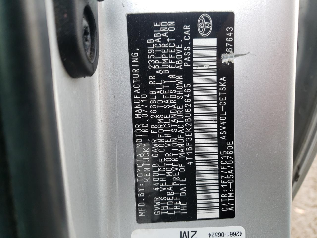 Foto 10 de la subasta – 2011 TOYOTA CAMRY BASE con VIN 4T1BF3EK2BU626465